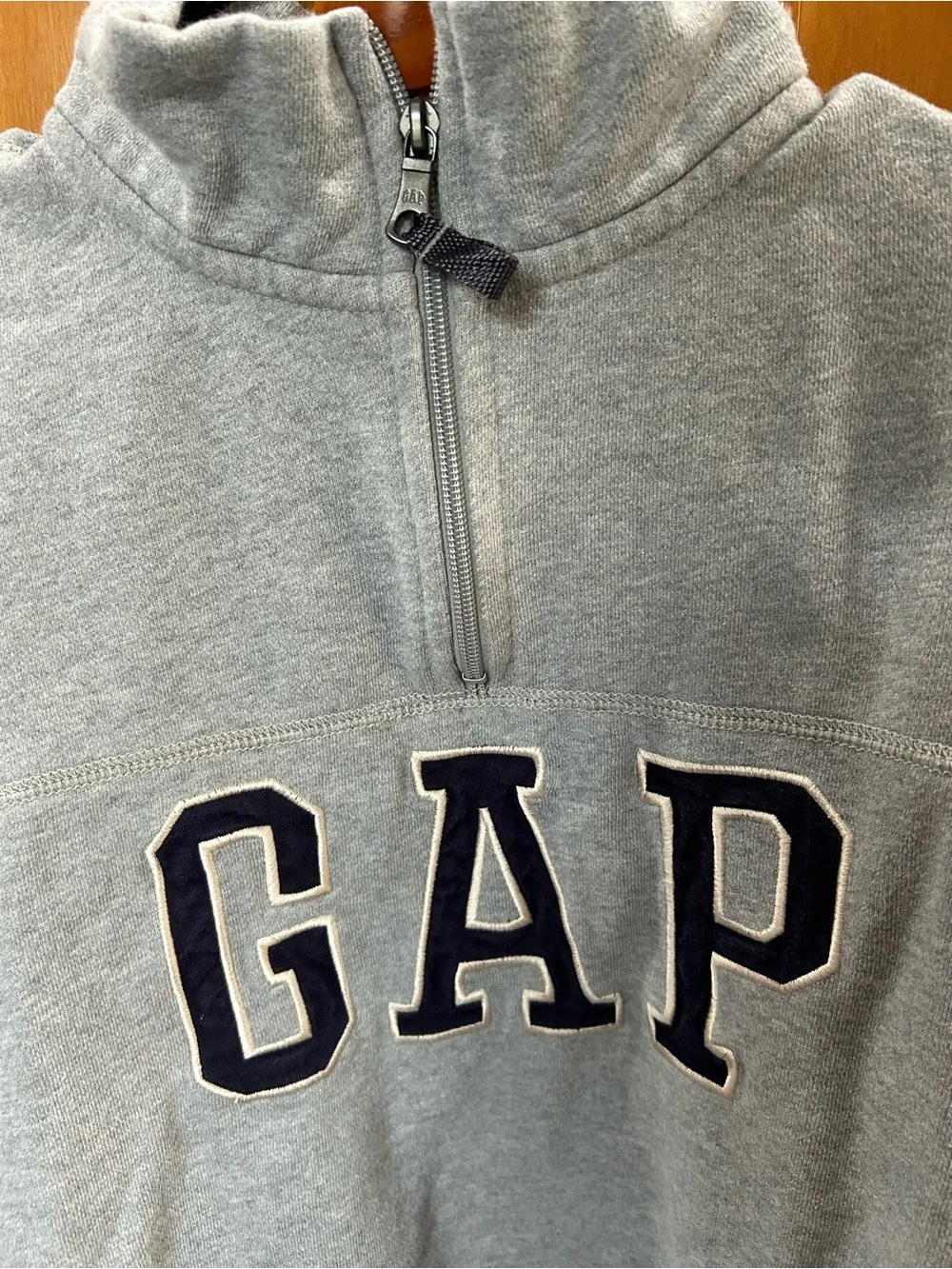 GAP Quarter-Zip Sweatshirt in Light Gray with navy GAP